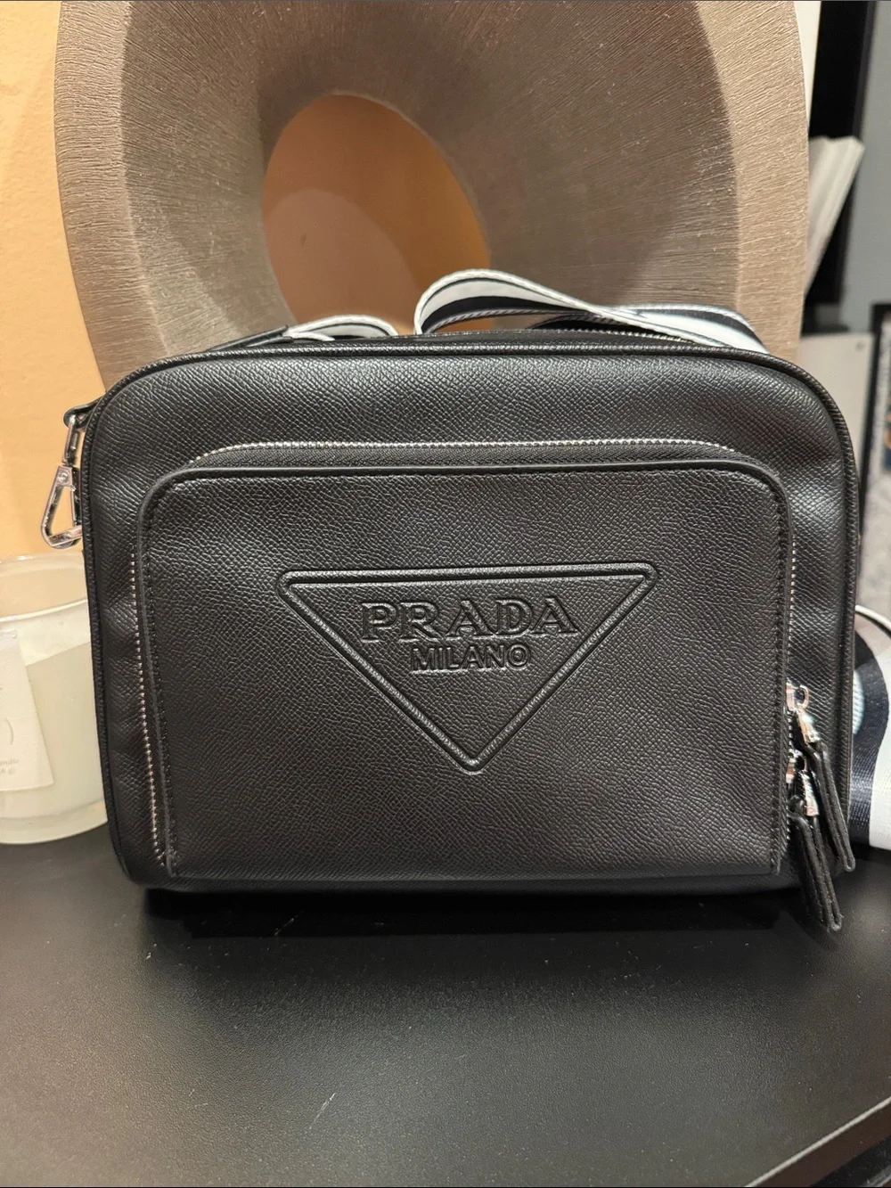 Prada Black Leather Messenger with Black & White Branded Strap